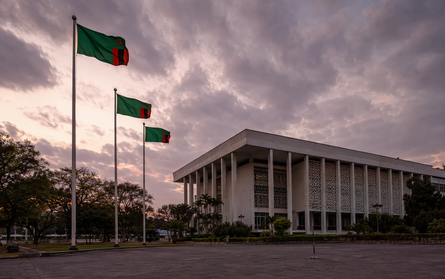 The National Assembly of Zambia building at dusk