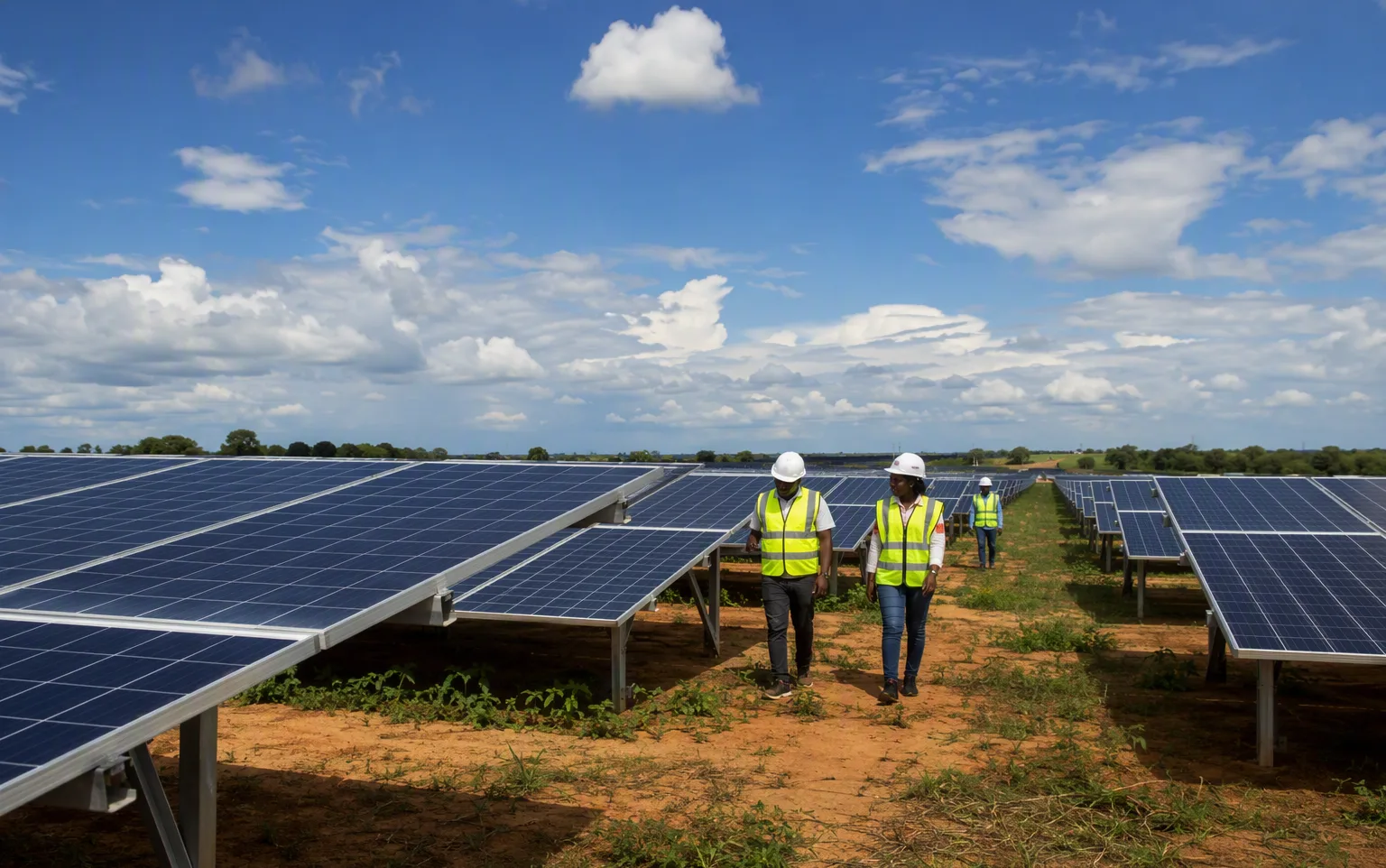 Rows of solar panels under a bright sky
