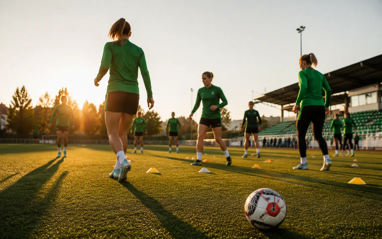 Female footballers training at sunrise