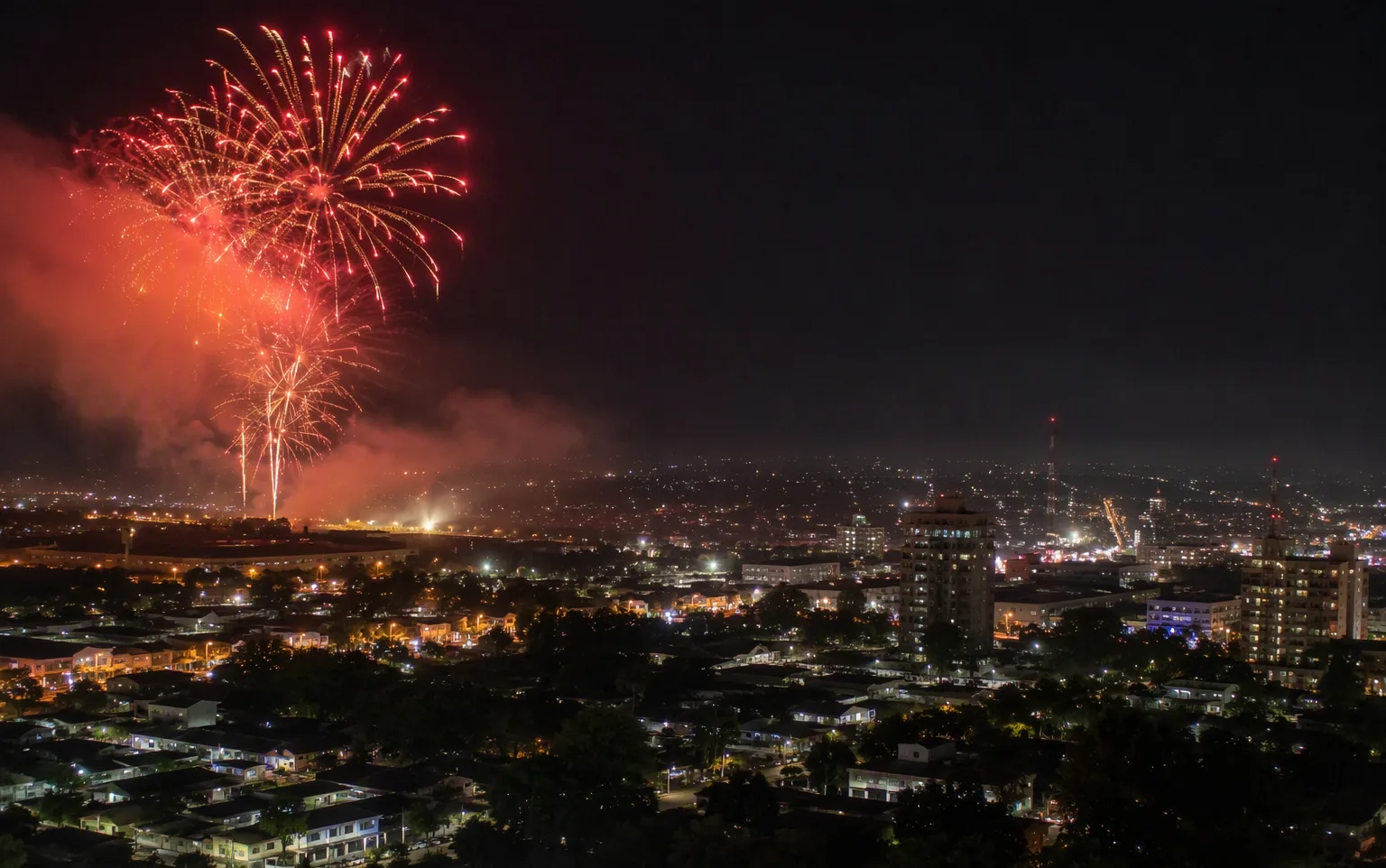 Fireworks over the Lusaka skyline at night