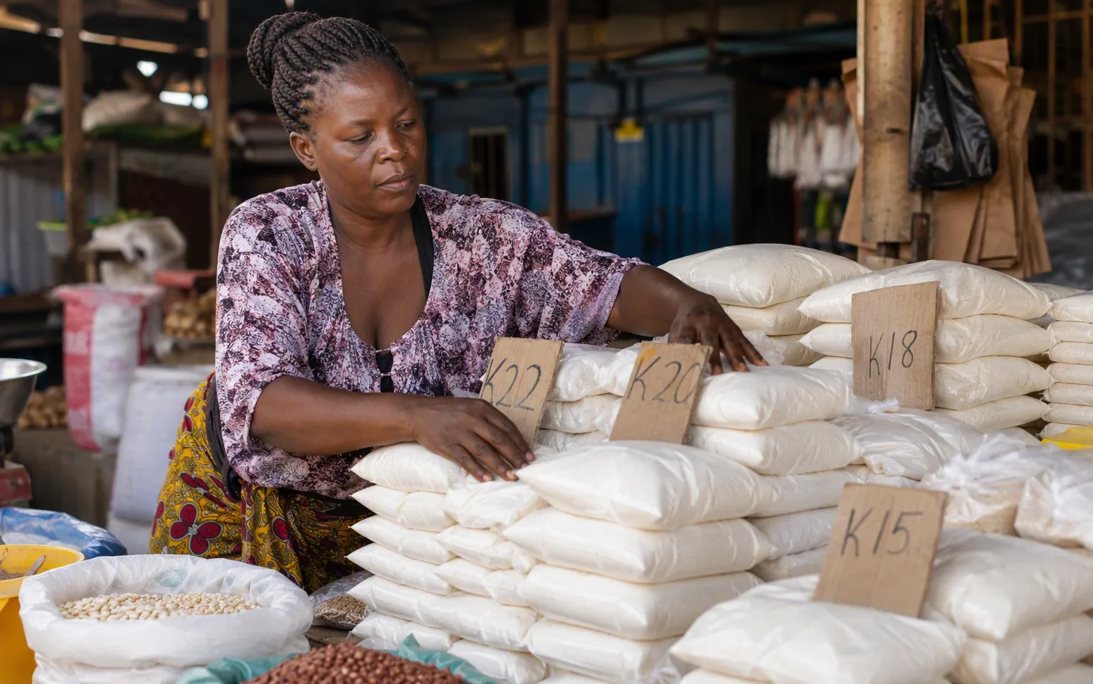 Mealie meal bags at a Lusaka market stall