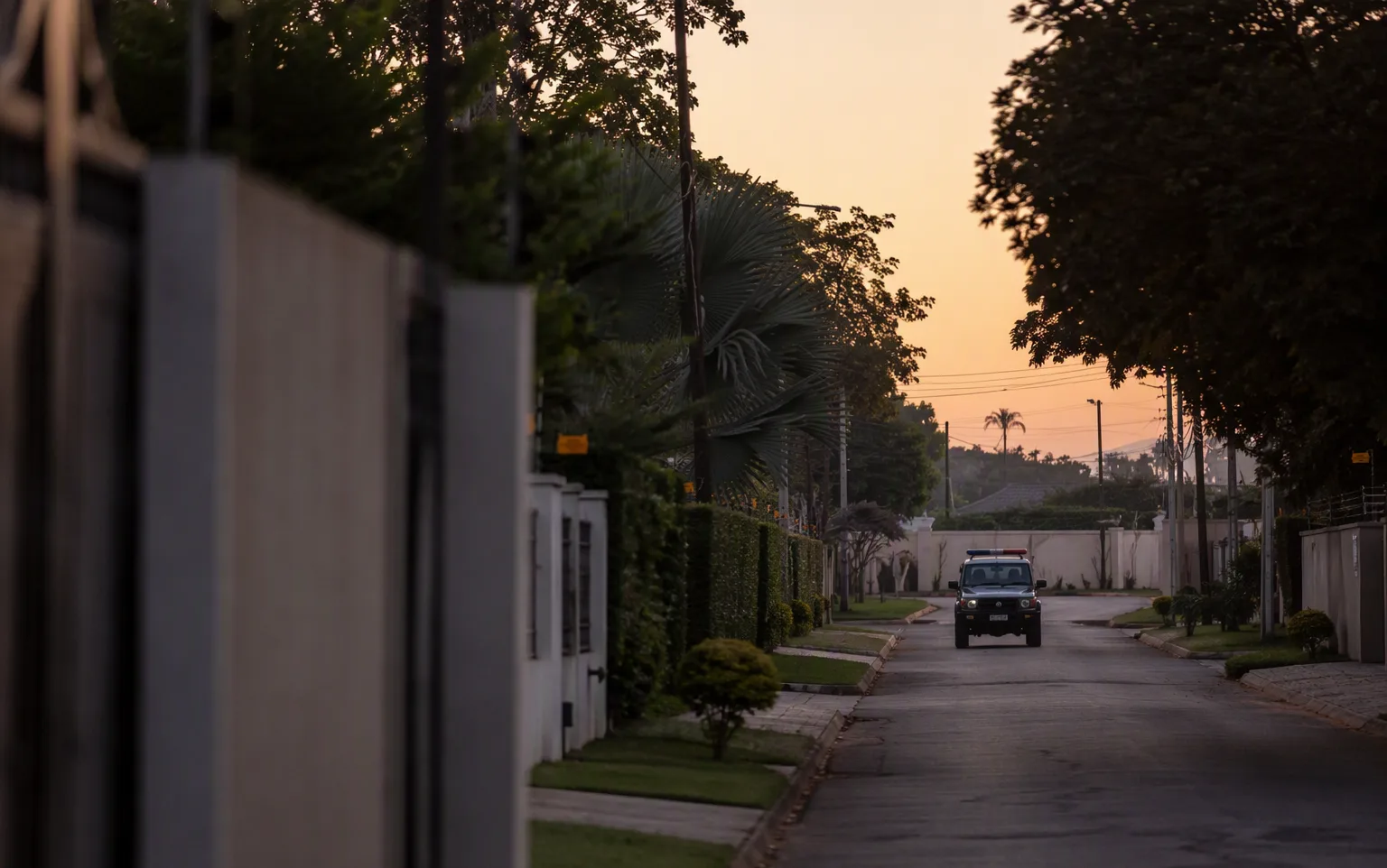 A quiet residential street at dawn