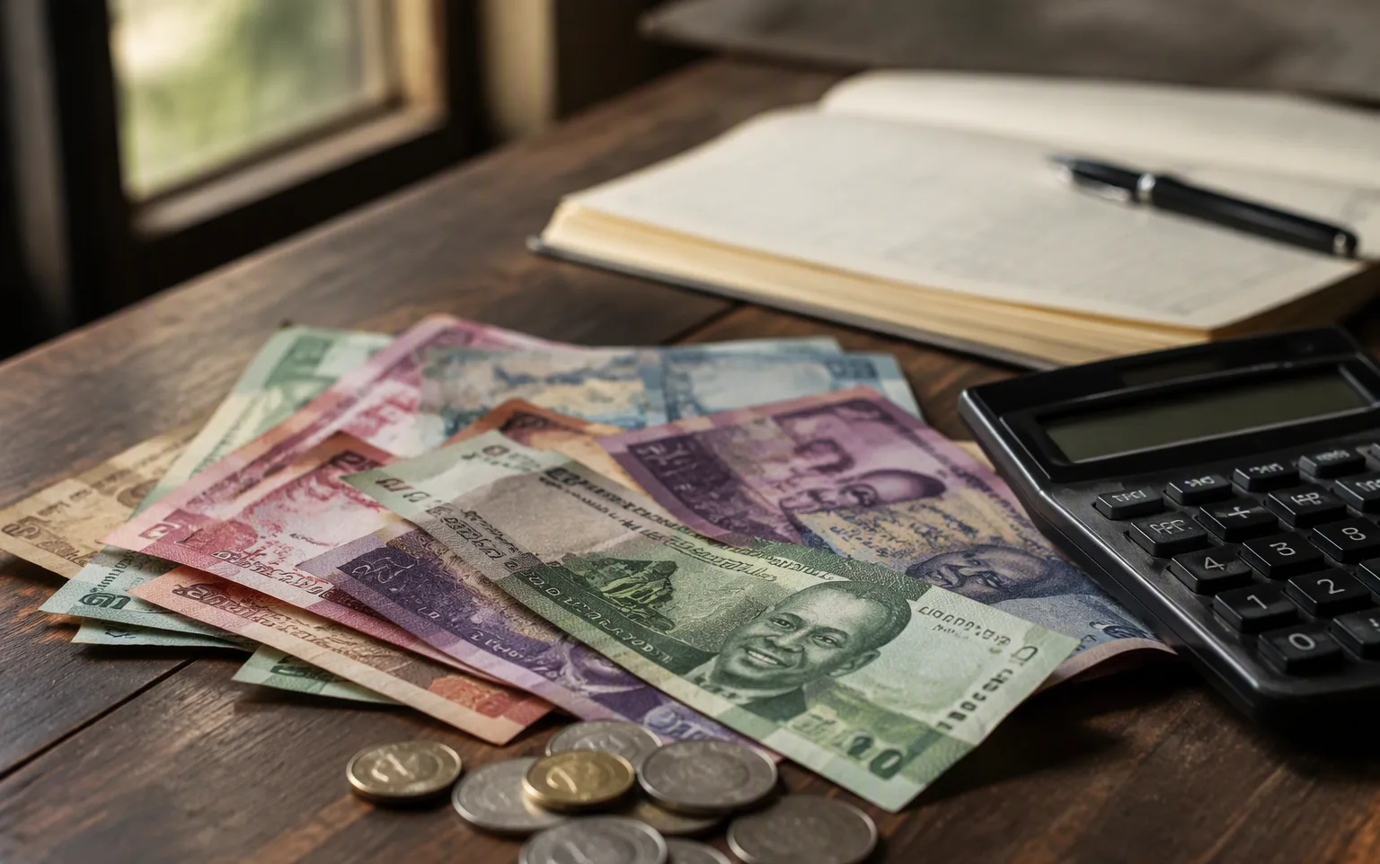 Zambian kwacha notes and coins on a desk