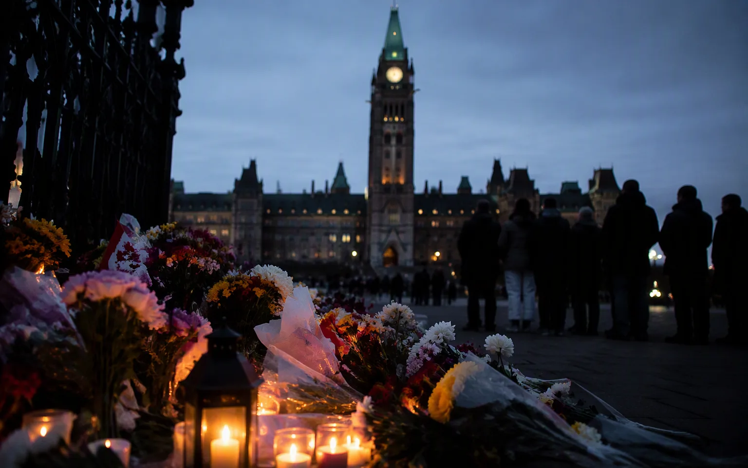 Flowers and candles at a memorial at dusk