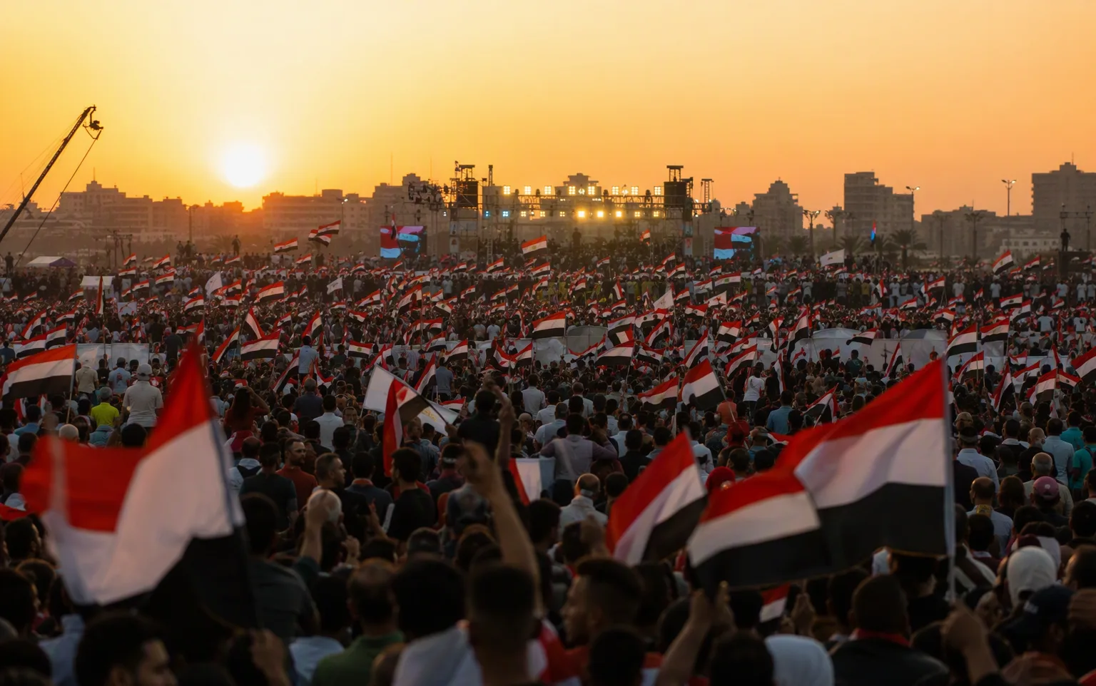 A large rally crowd waving flags at golden hour