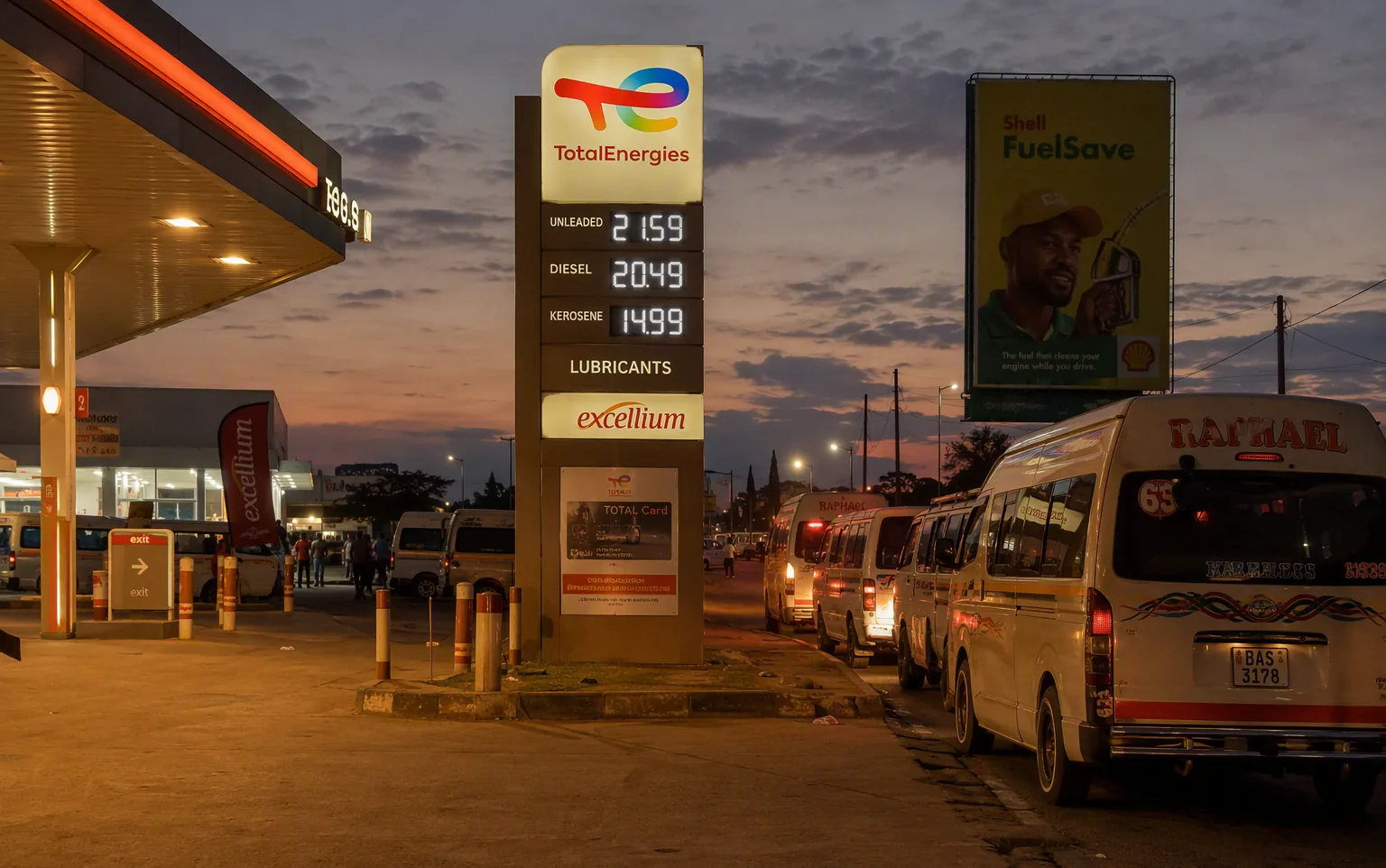 A fuel station in Lusaka at dusk