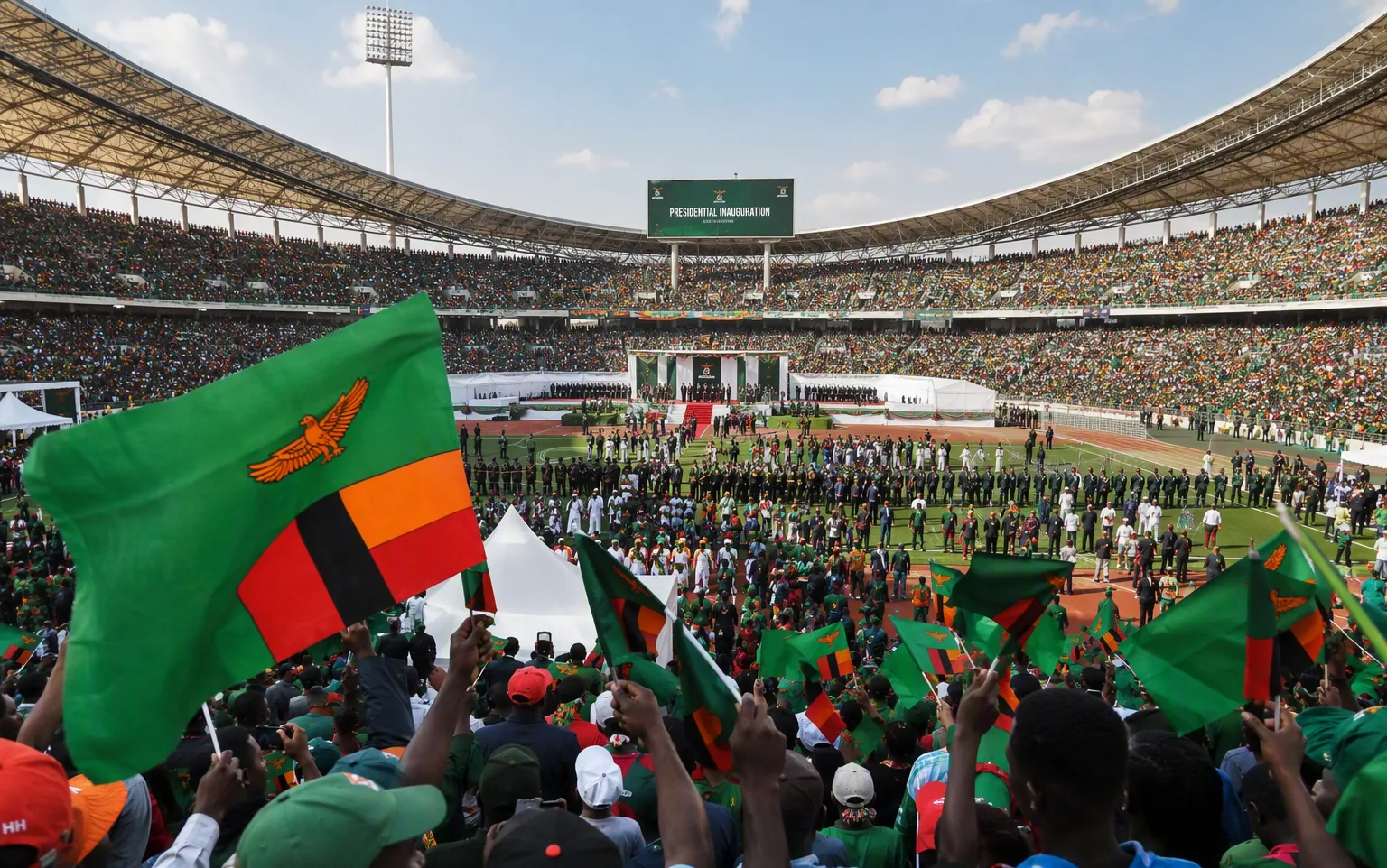 Crowds at National Heroes Stadium for the presidential inauguration