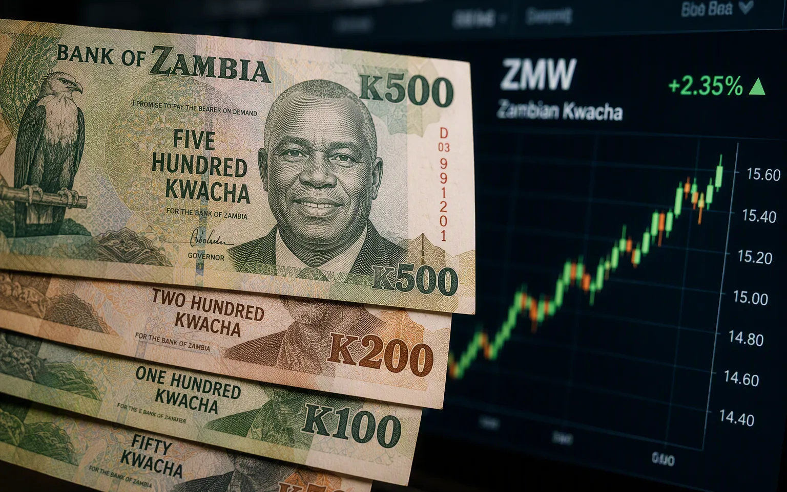 Zambian kwacha notes beside a rising chart