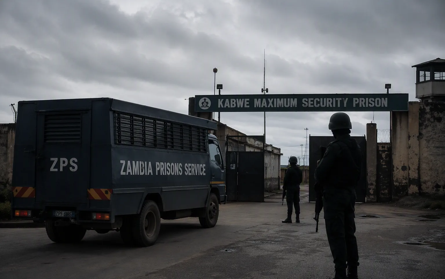 A prison transport vehicle outside a maximum security facility