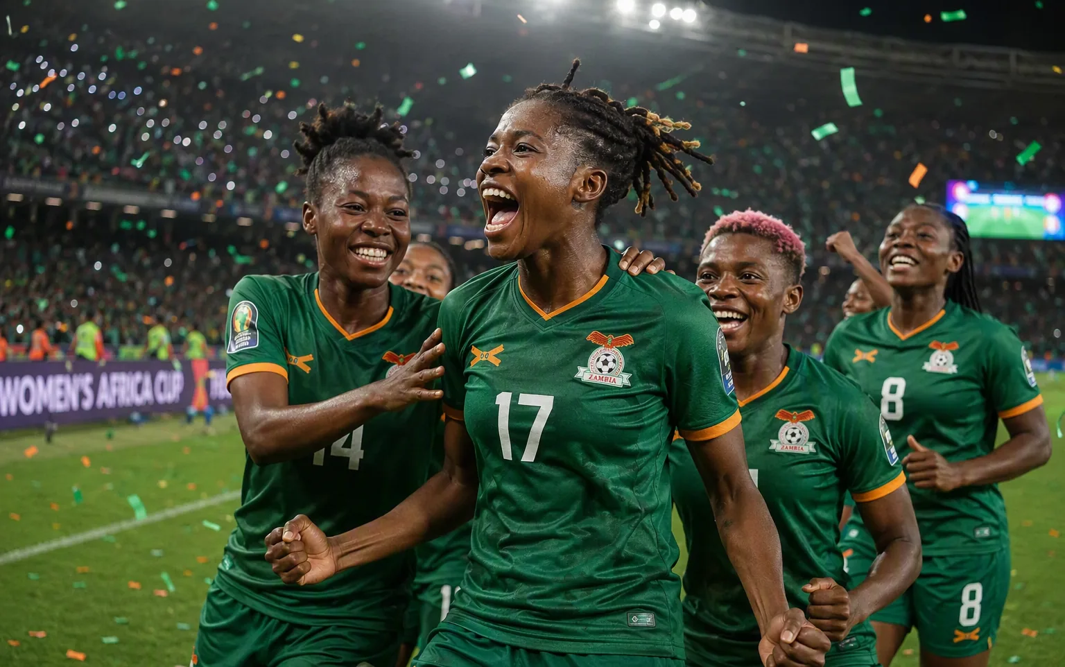 Women footballers celebrating in green jerseys