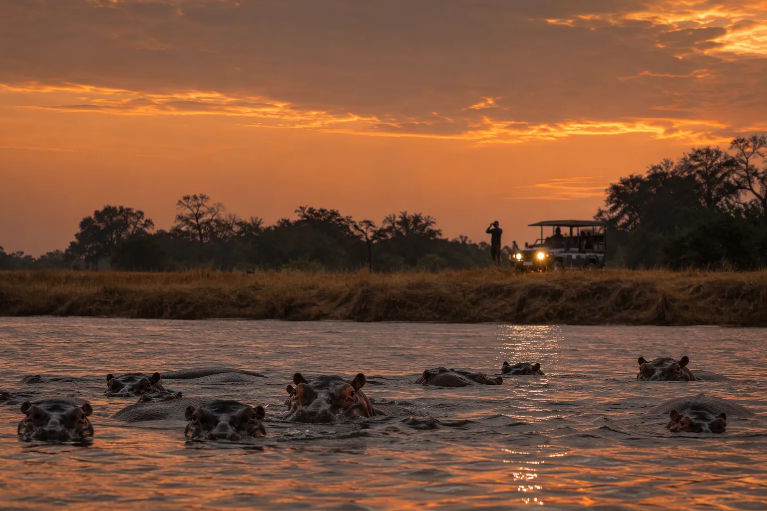 Hippos in a Muchinga river at dusk with a ranger patrol vehicle at the treeline