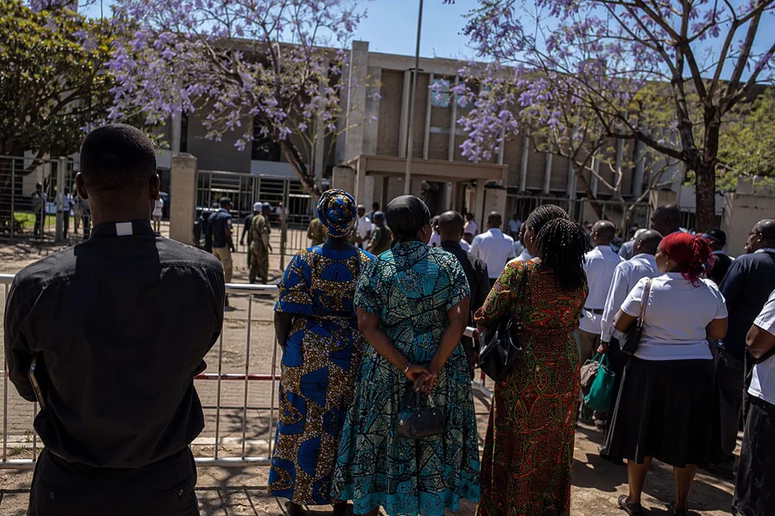 Catholic faithful waiting quietly outside a Lusaka magistrates' court at midday