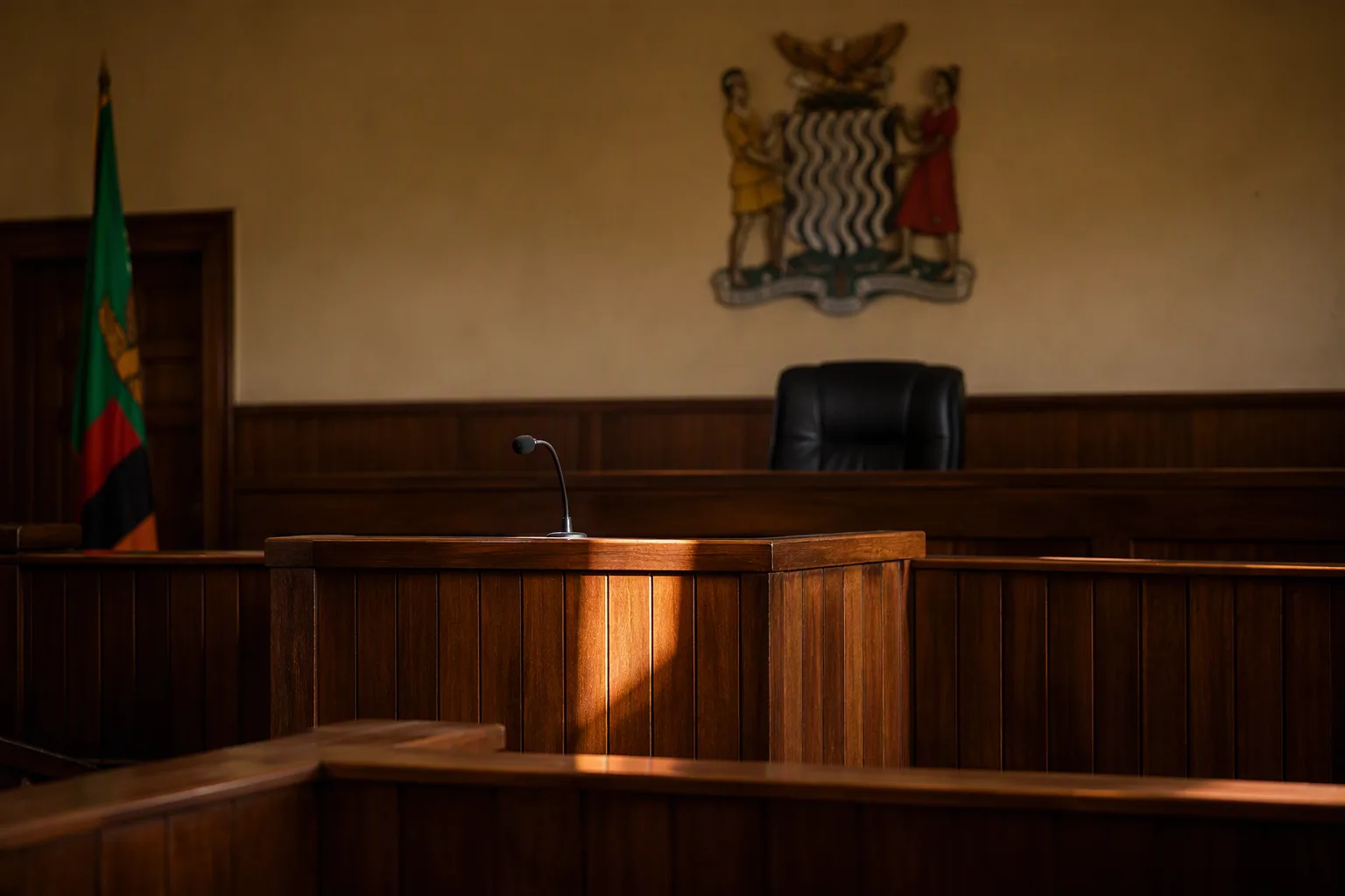 An empty dock in a Lusaka magistrates' court in late-afternoon light