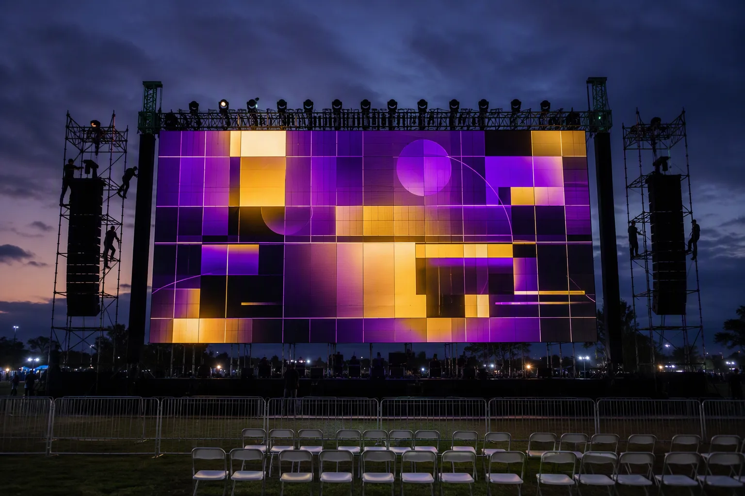A concert LED screen glowing with a colour test pattern at night on a polo field