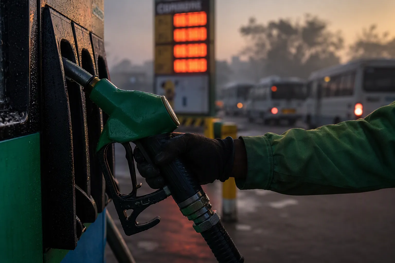 A fuel pump nozzle lifted at dawn at a Lusaka filling station