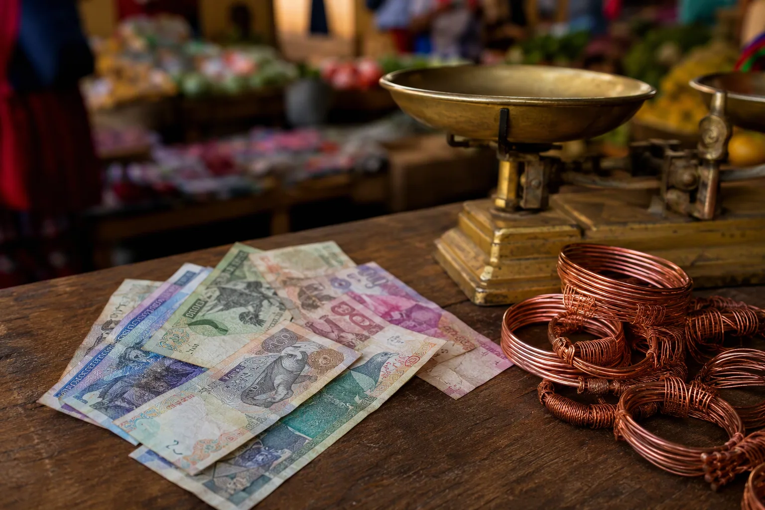 Kwacha banknotes on a market table beside copper bracelets and a trader's scale