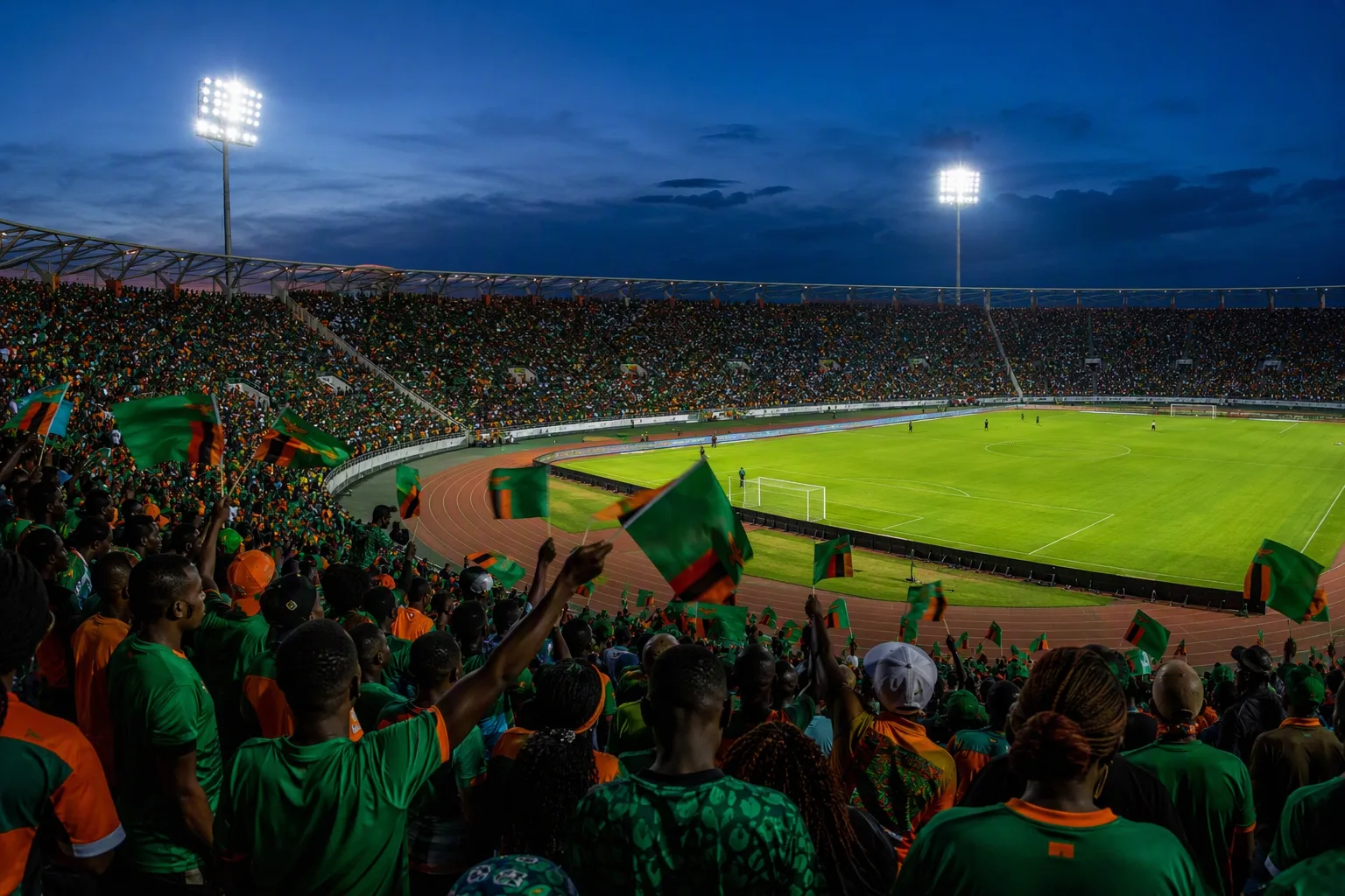 Levy Mwanawasa Stadium stands filling with fans as floodlights come on