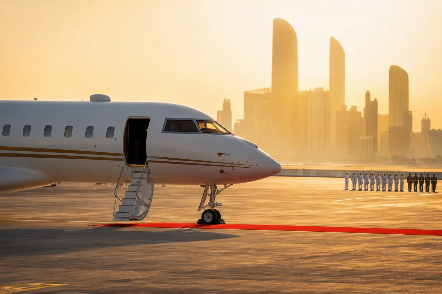 A government jet on an Abu Dhabi apron in morning haze with the skyline beyond