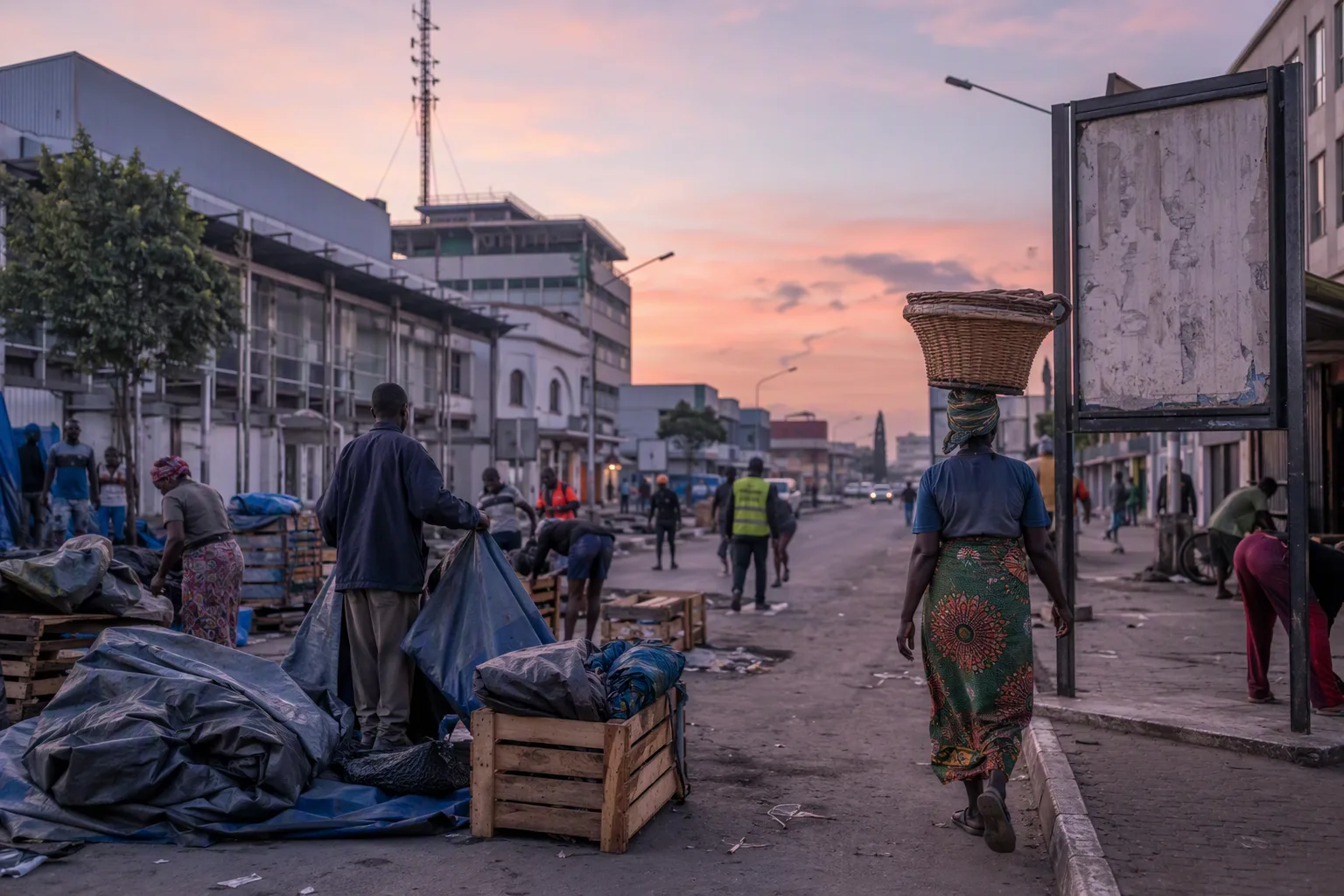 Street vendors packing up stalls on a Lusaka street at dawn