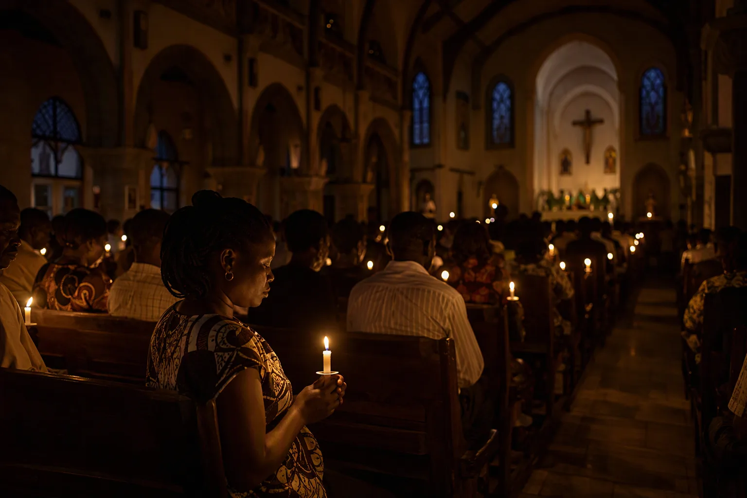 Congregants holding candles during a vigil inside a Lusaka cathedral