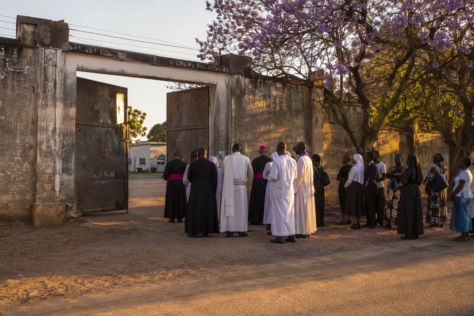 The open gates of a Lusaka correctional facility in late-afternoon light with clergy and faithful waiting outside