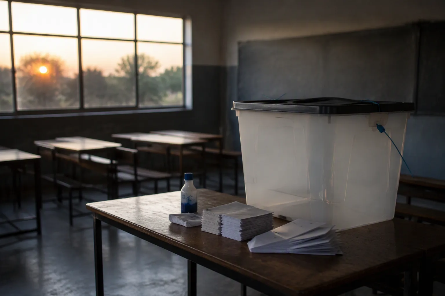 An empty classroom polling station at dawn with a translucent ballot box on a desk