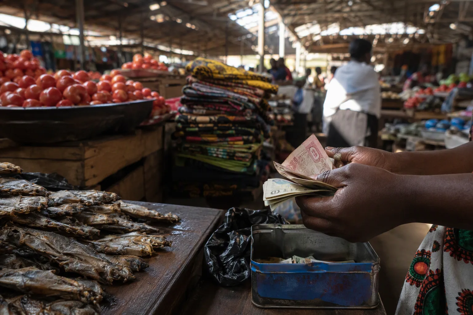 A trader counting a small stack of banknotes at a stall in a covered Lusaka market