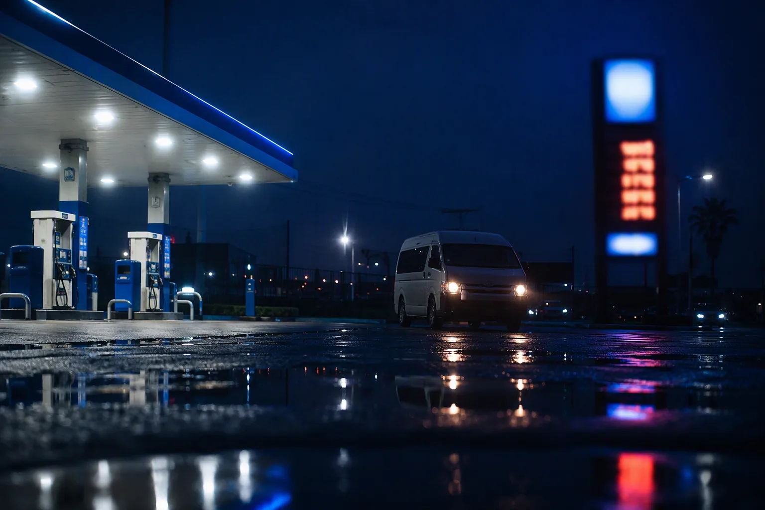 A Lusaka filling station at dusk with a glowing pump island reflected in a puddle