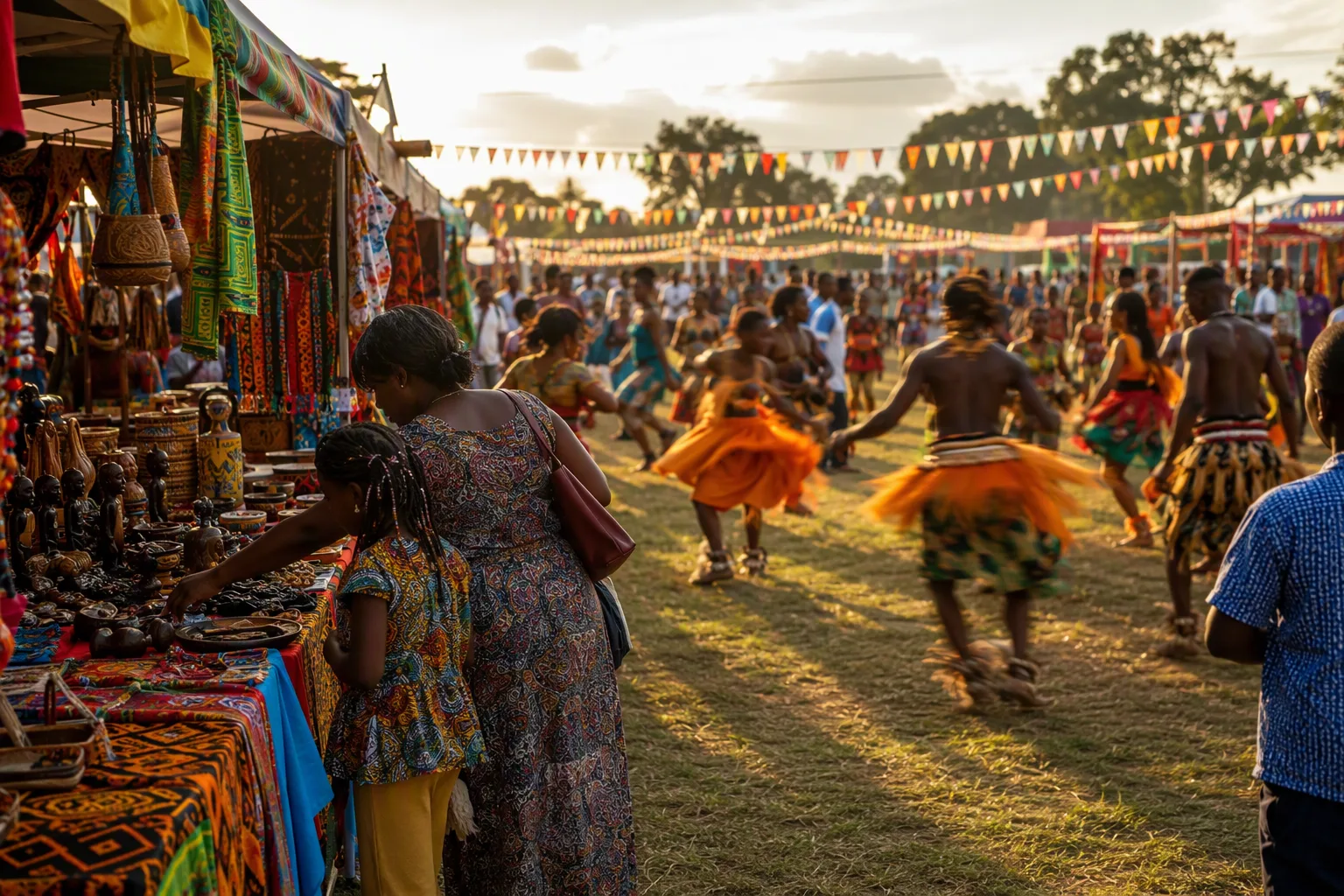 Colourful stalls and bunting at an outdoor cultural fair in late-afternoon sun
