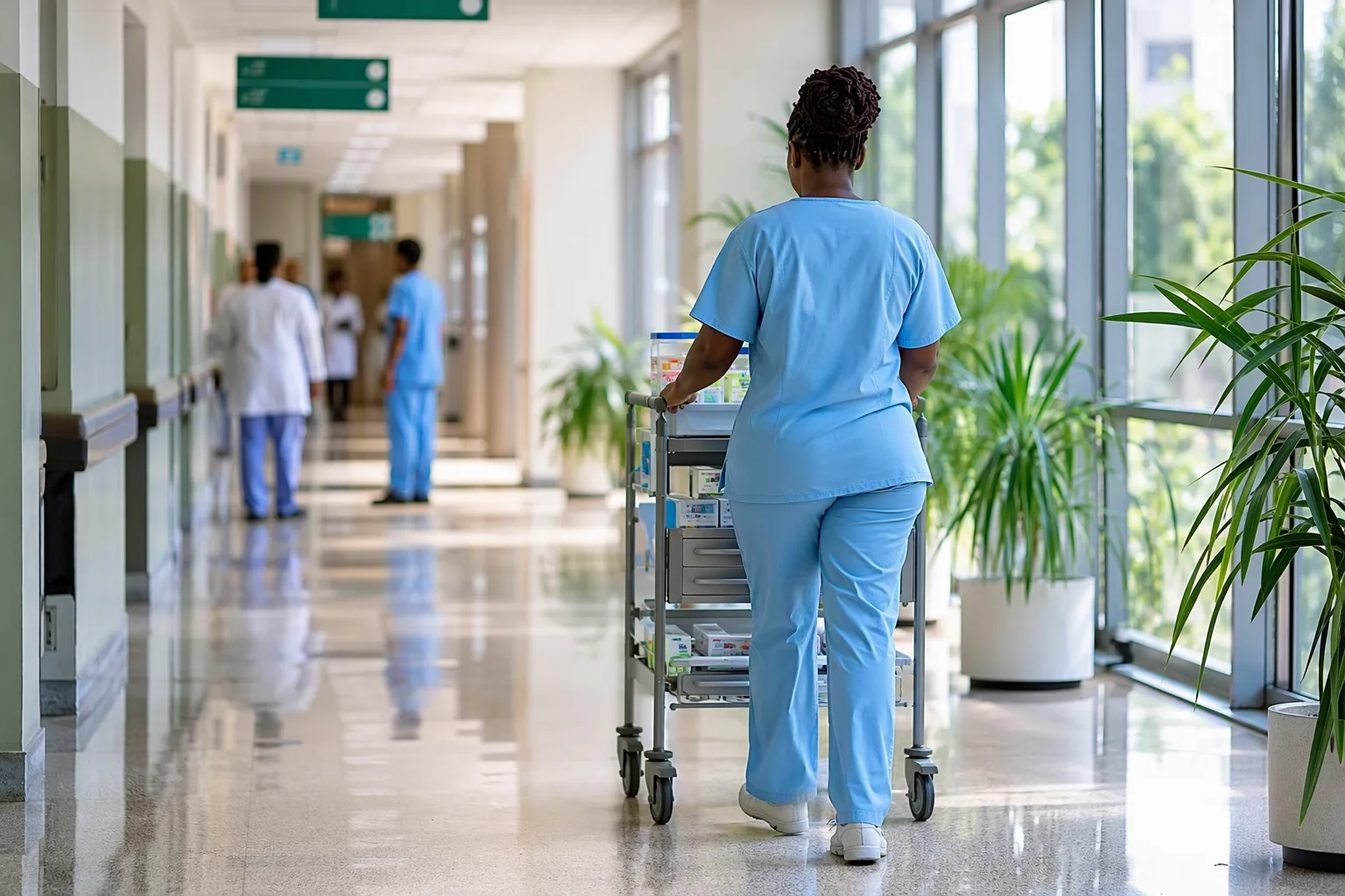 A bright modern hospital corridor in Lusaka in morning light