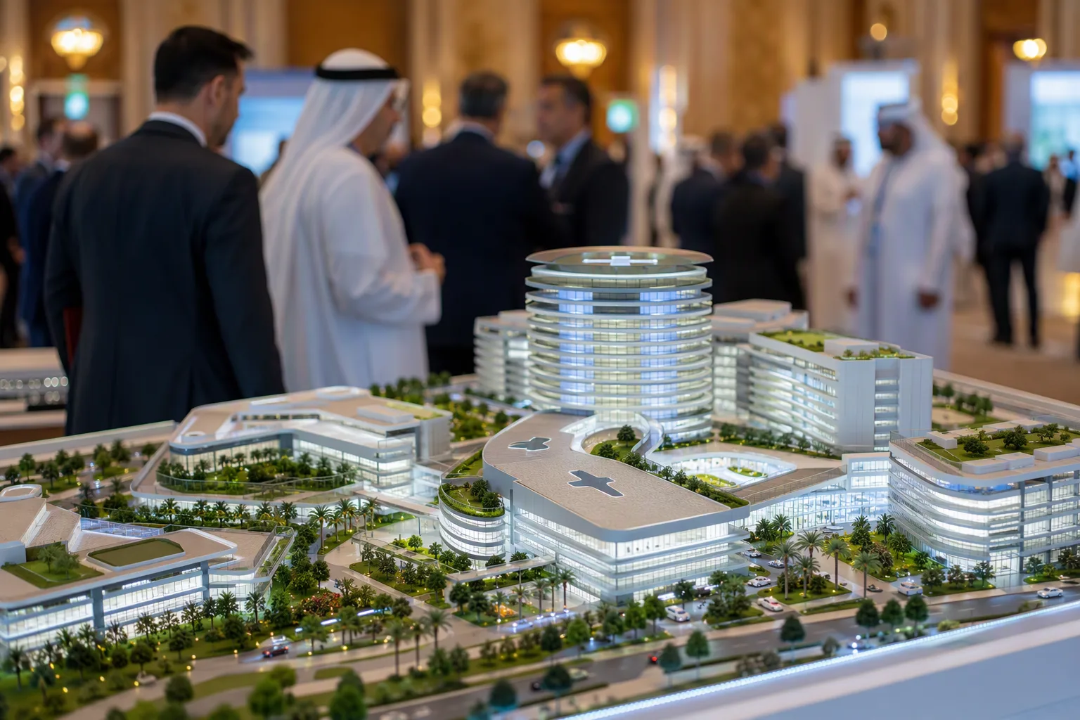 An architectural scale model of a planned medical city on a table at an Abu Dhabi investment forum