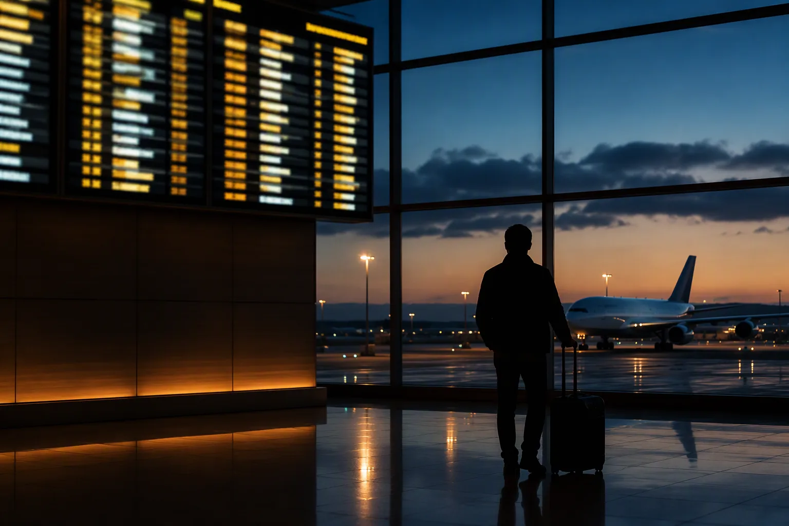 A silhouetted traveller watching a wide-body jet taxi past departure-hall windows at dusk