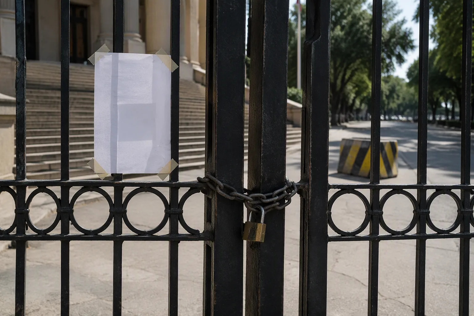 The locked gates of a Lusaka court building with a printed notice and empty steps