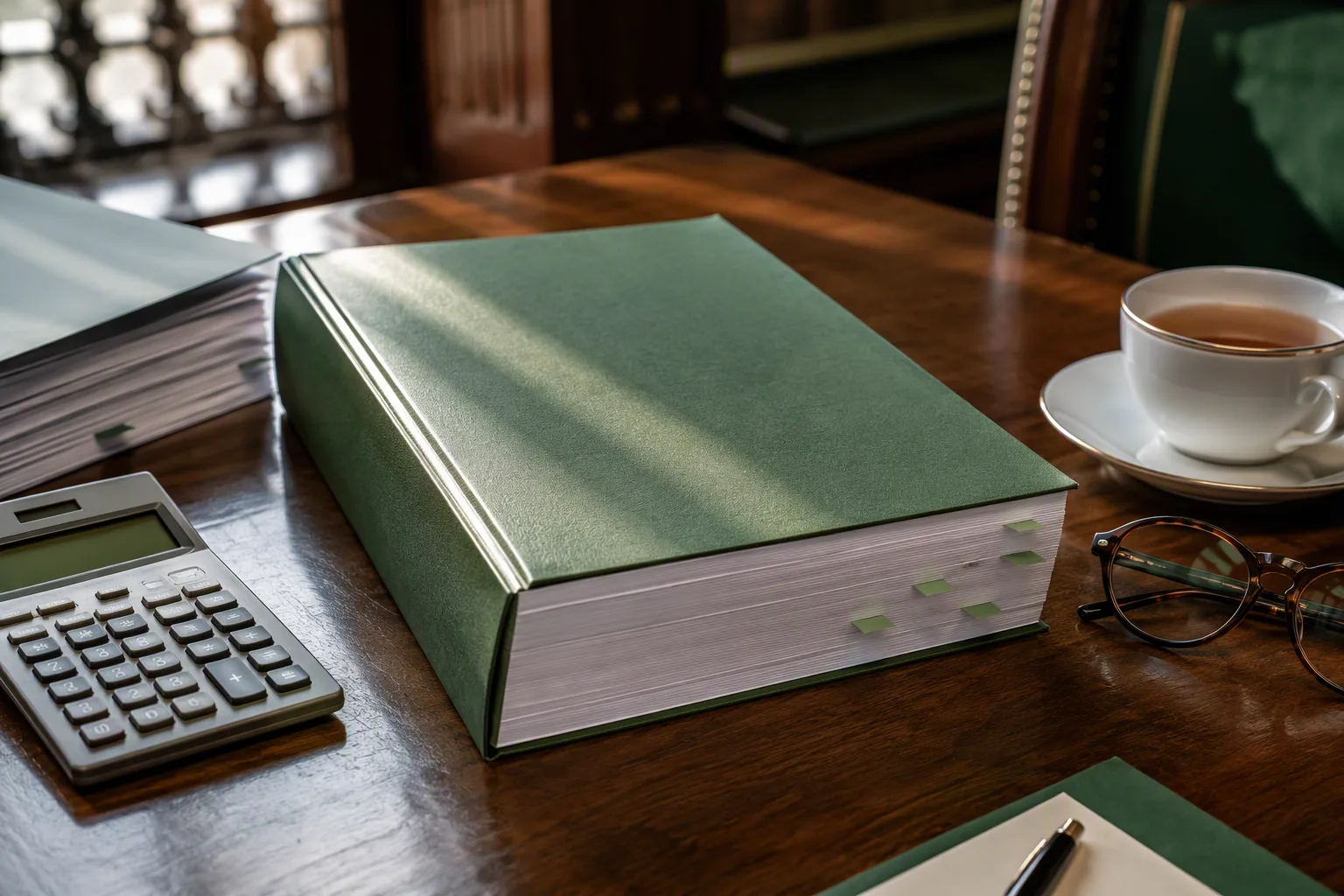 A thick bound budget document on a wooden desk beside a calculator and reading glasses