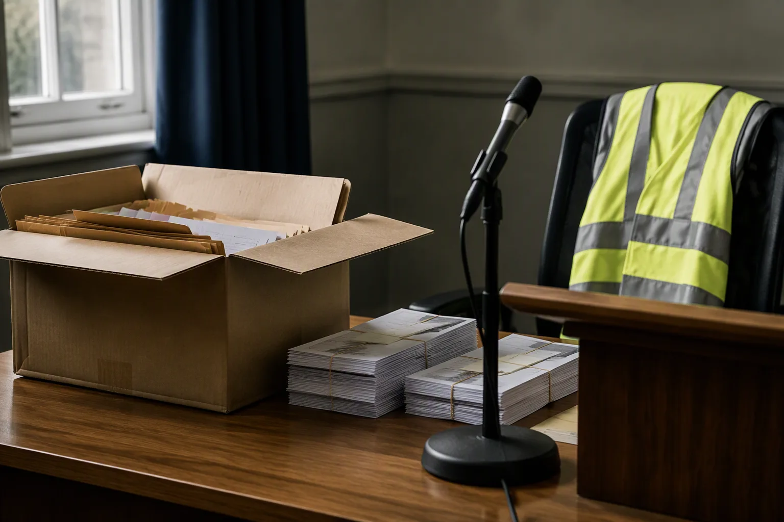 A box of election documents and a microphone on a desk at a press briefing
