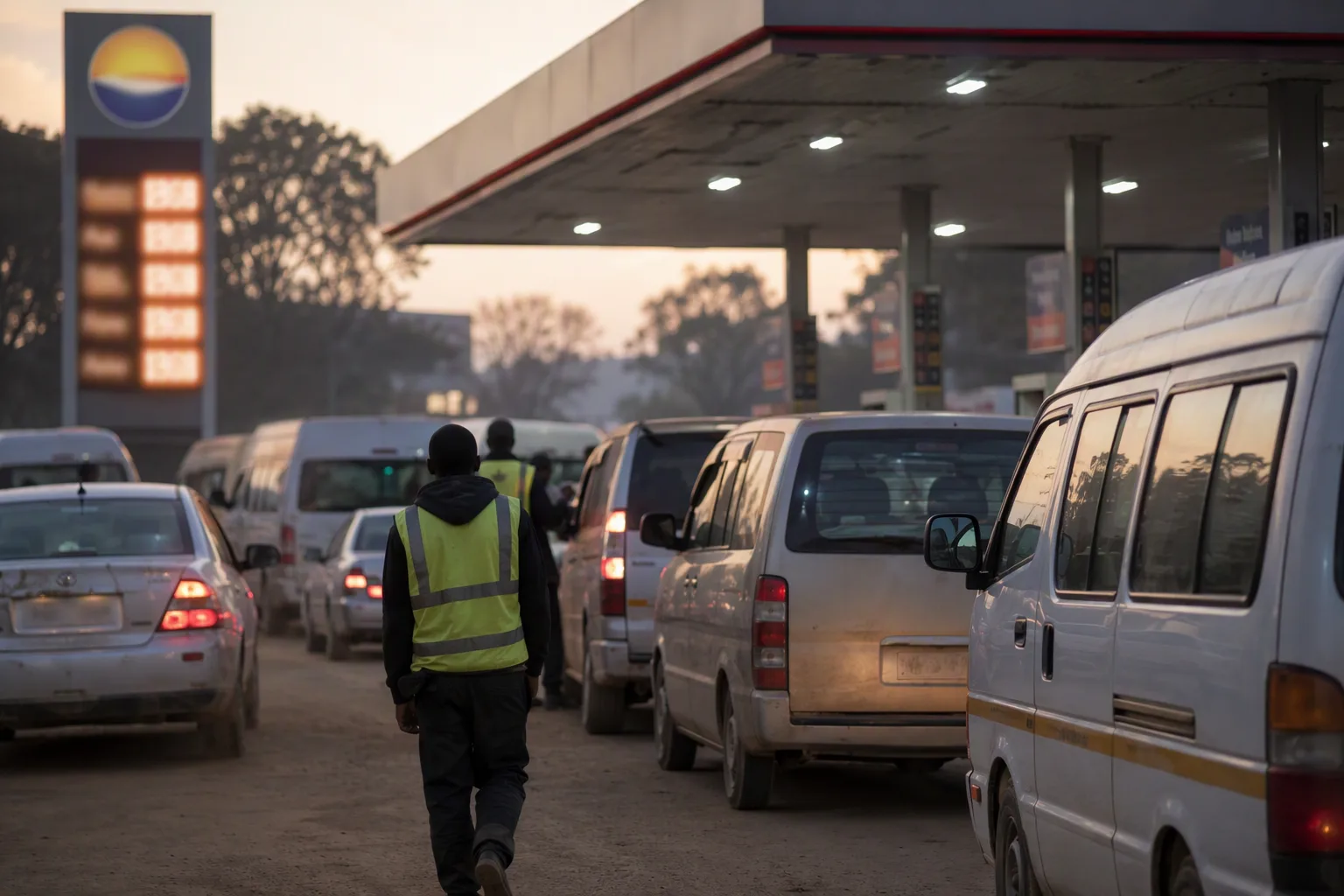 Commuter minibuses queuing at a Lusaka filling station at dawn as a price totem glows