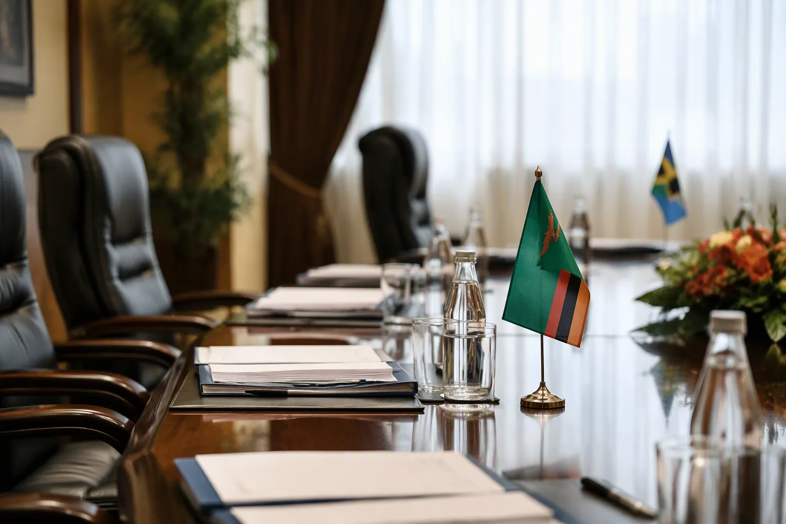 A polished boardroom table set for talks with documents and a small Zambian flag