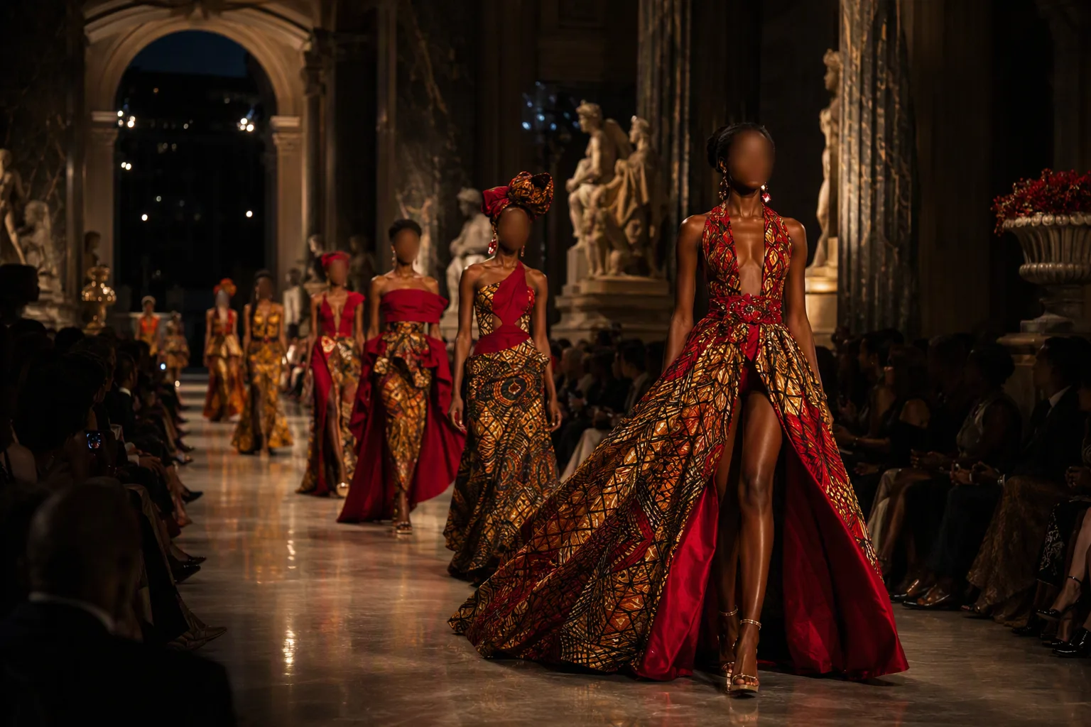Models in vibrant African-print couture with ruby-red accents on a museum runway