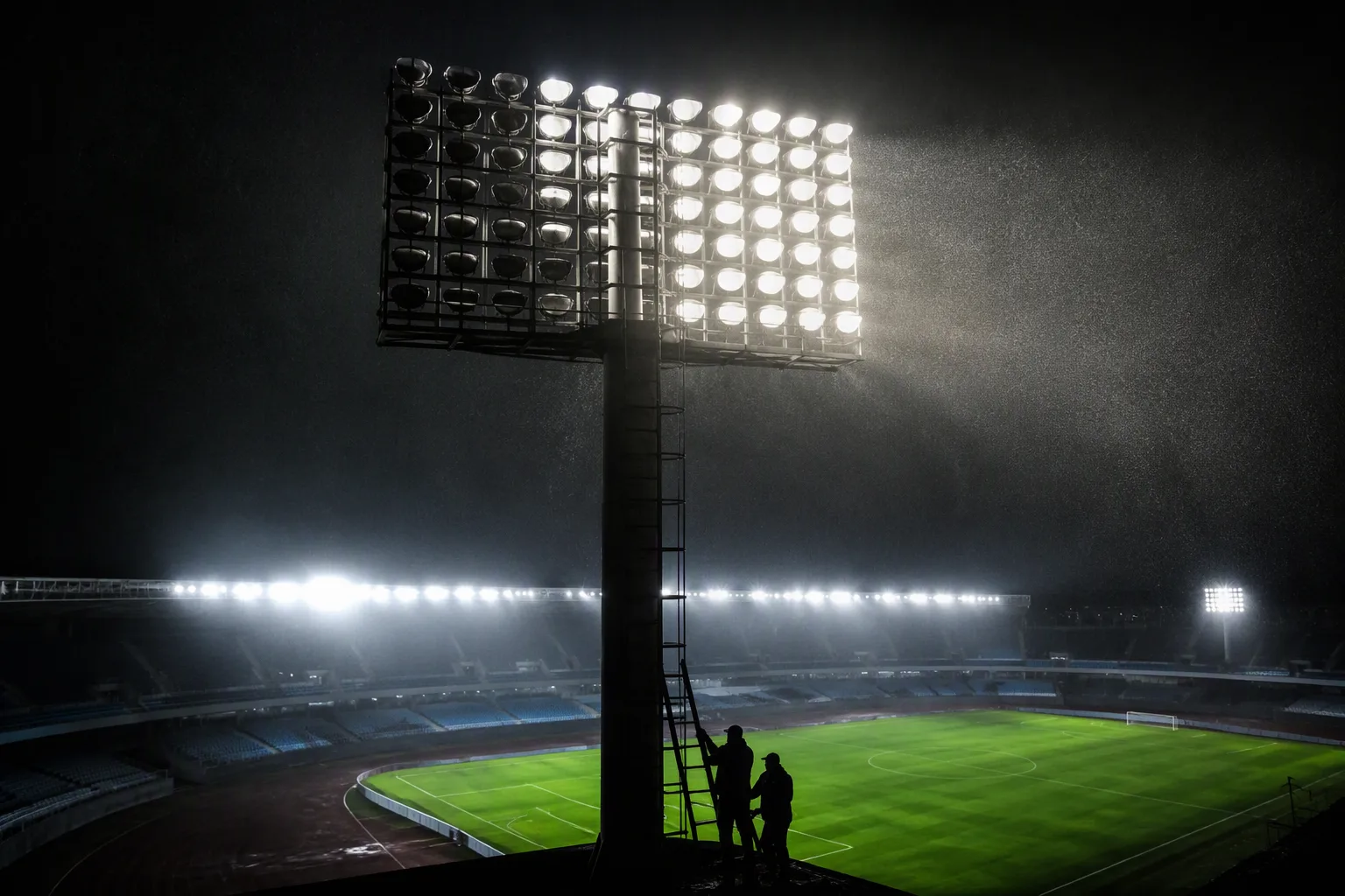 A stadium floodlight tower at night with one bank of lamps dark above an empty glowing pitch