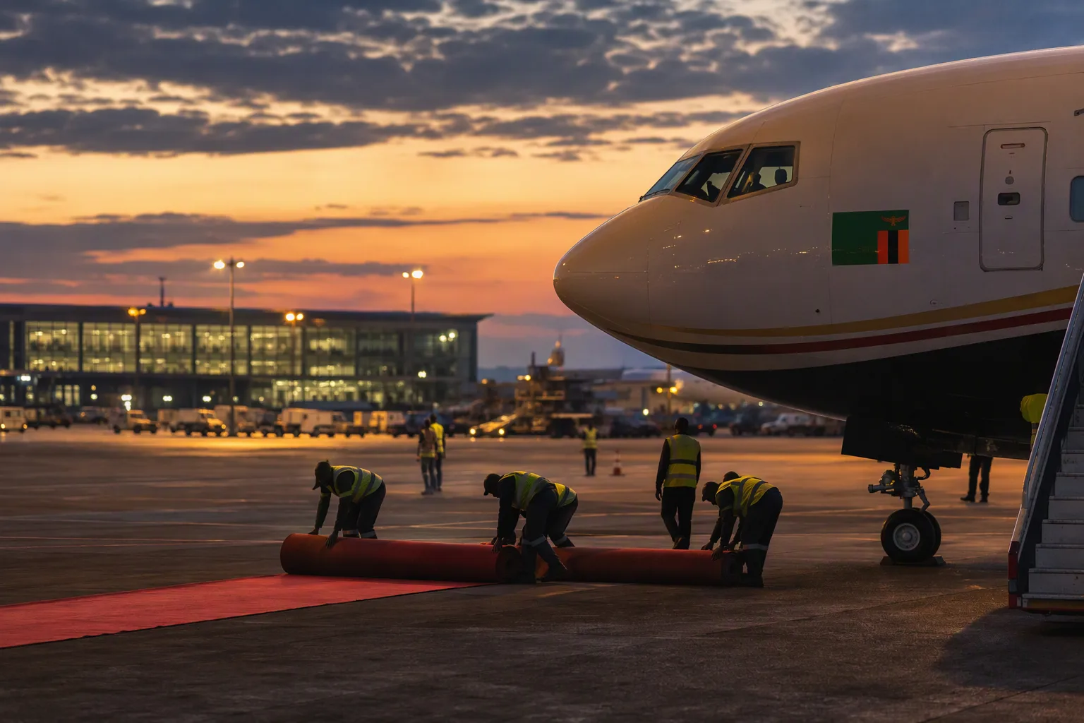 A government jet on an airport apron at dusk as ground crew roll up a red carpet