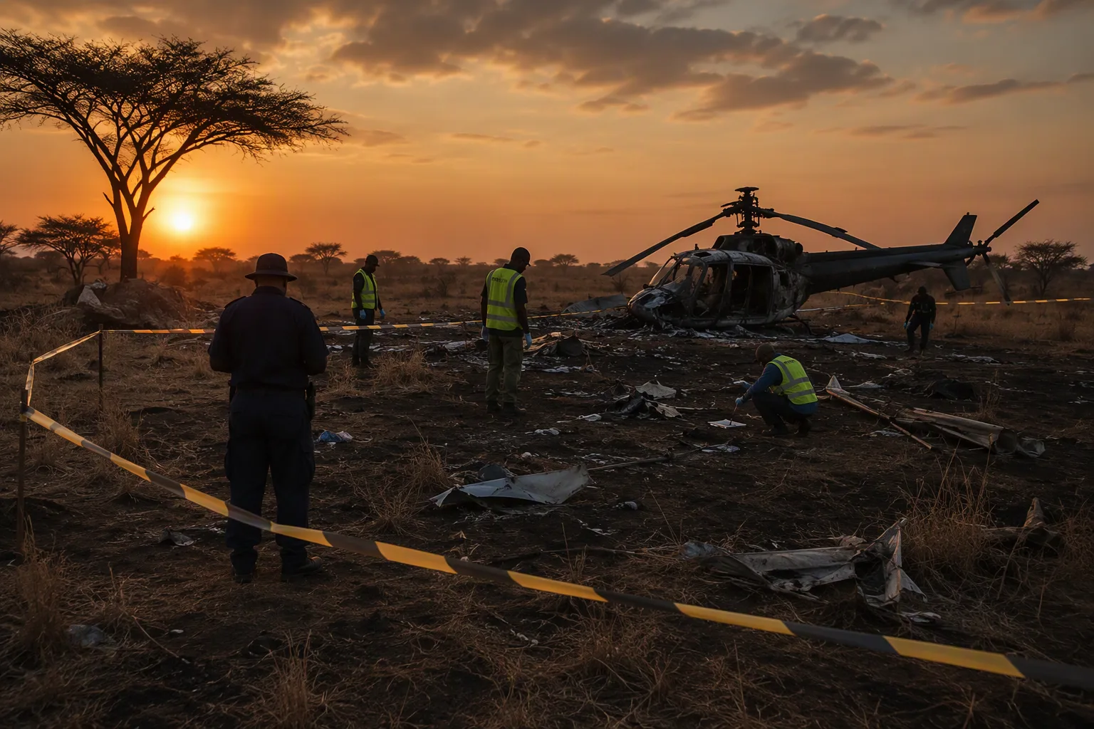 Investigators and police inside a cordoned helicopter crash site in dry savanna at dusk