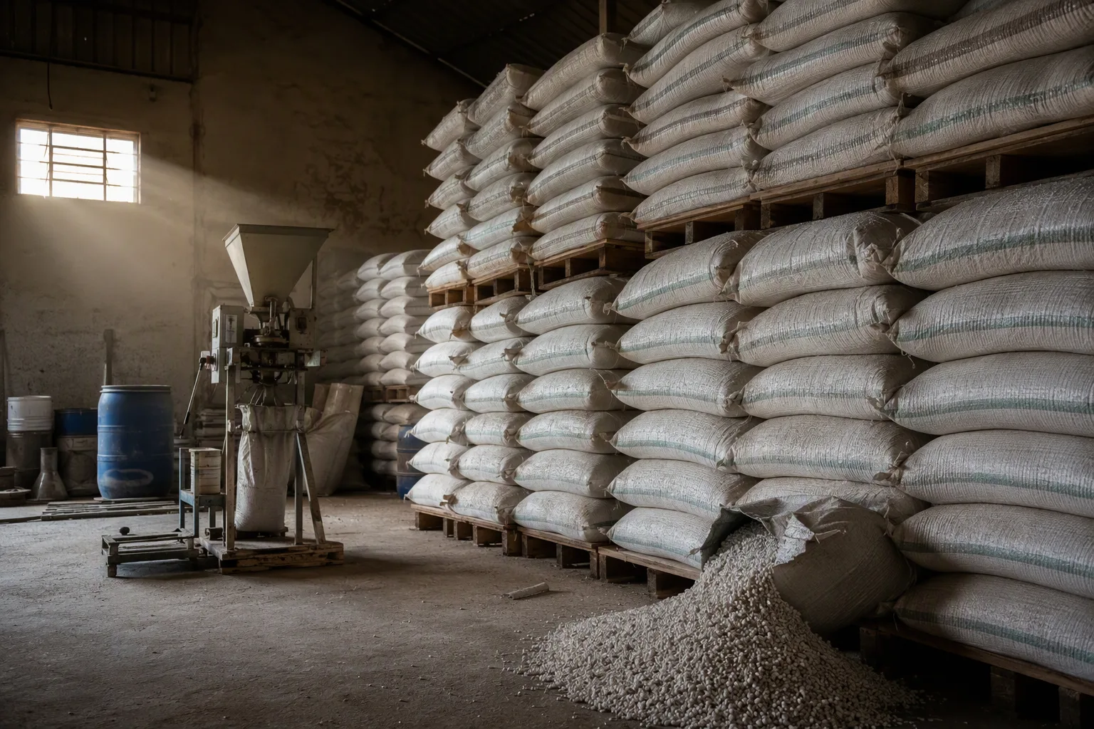 A warehouse stacked with fertiliser bags, one torn open spilling granules