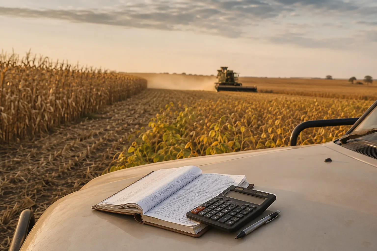 A farmer's ledger and calculator on a pickup bonnet before maize and soybean fields