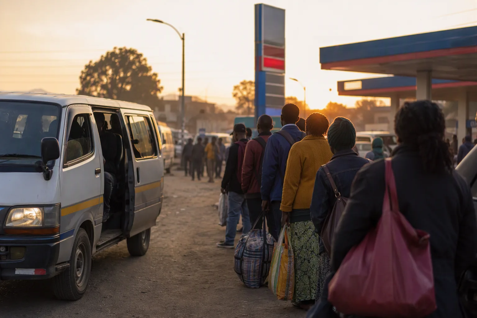 A dawn minibus rank beside a Lusaka filling station as commuters queue