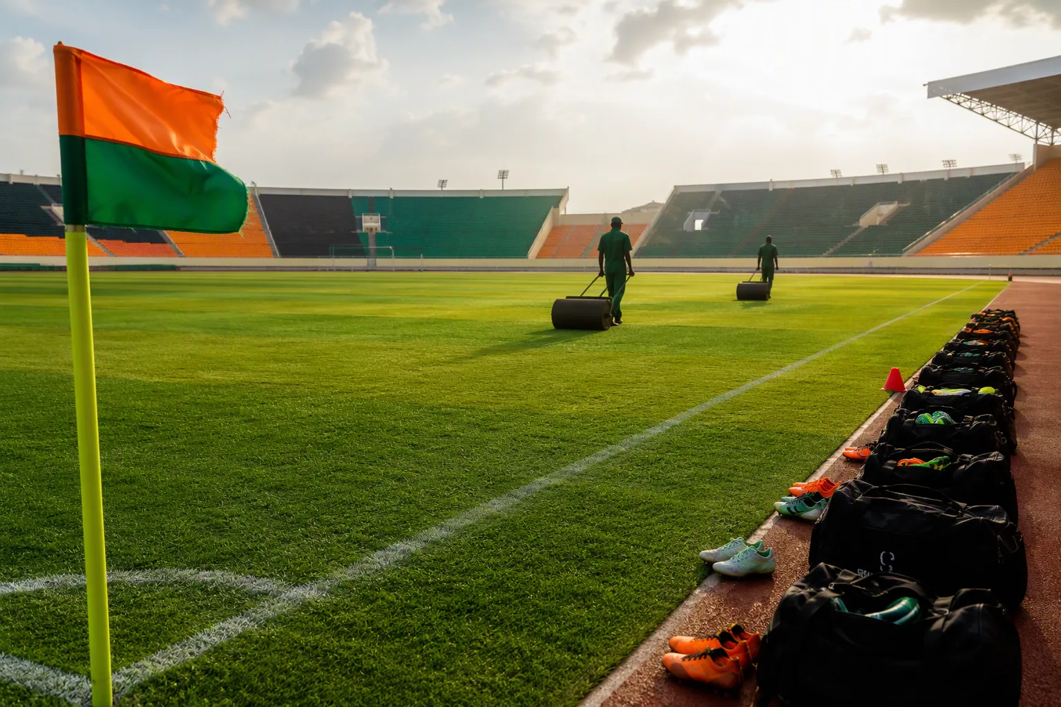 Groundsmen rolling a pristine pitch on the eve of the new season