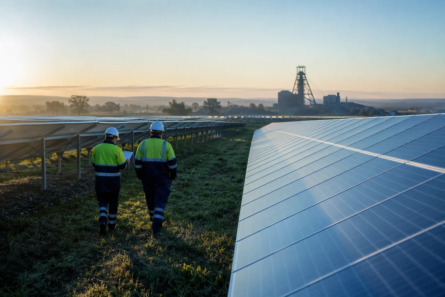 Engineers walking the rows of a solar array with a mine headgear on the horizon