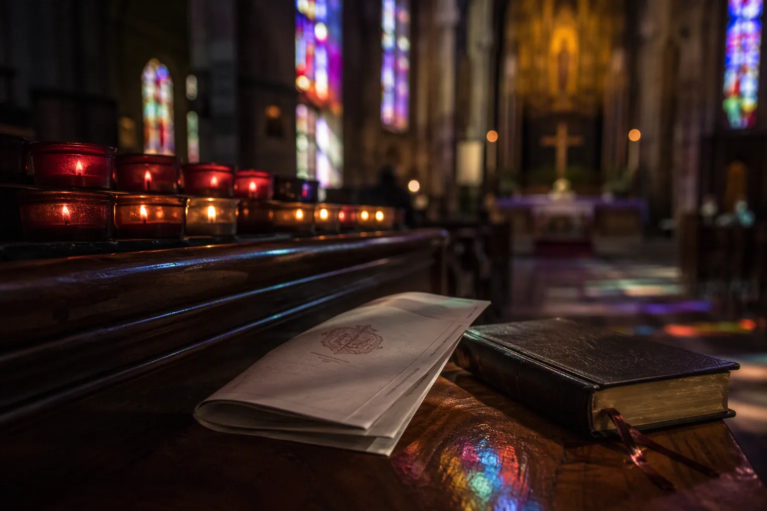 Votive candles burning in a dim cathedral beside a folded printed pastoral letter on a pew