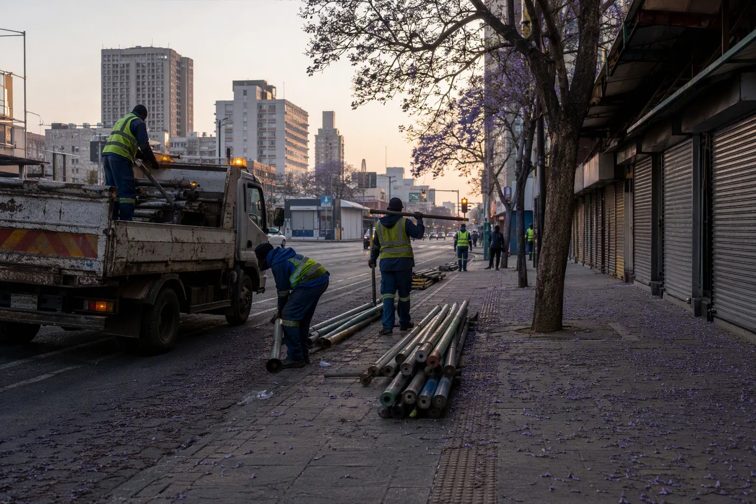 Council workers stacking dismantled market-stall poles at the kerb of a Lusaka CBD street at dawn