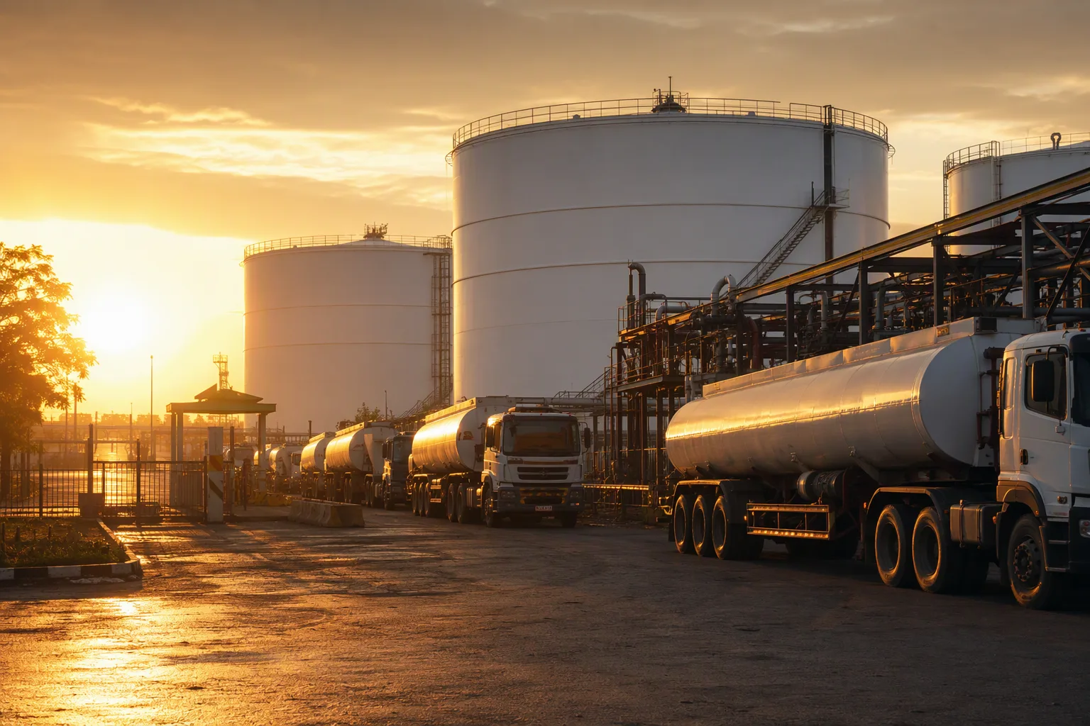 Petroleum storage tanks and waiting tanker trucks at a fuel depot at golden hour