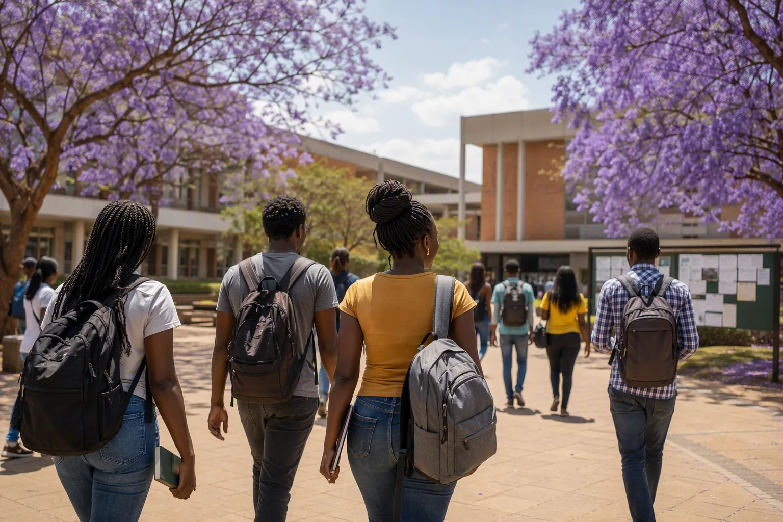 Students with backpacks crossing a sunlit university campus plaza lined with jacaranda trees